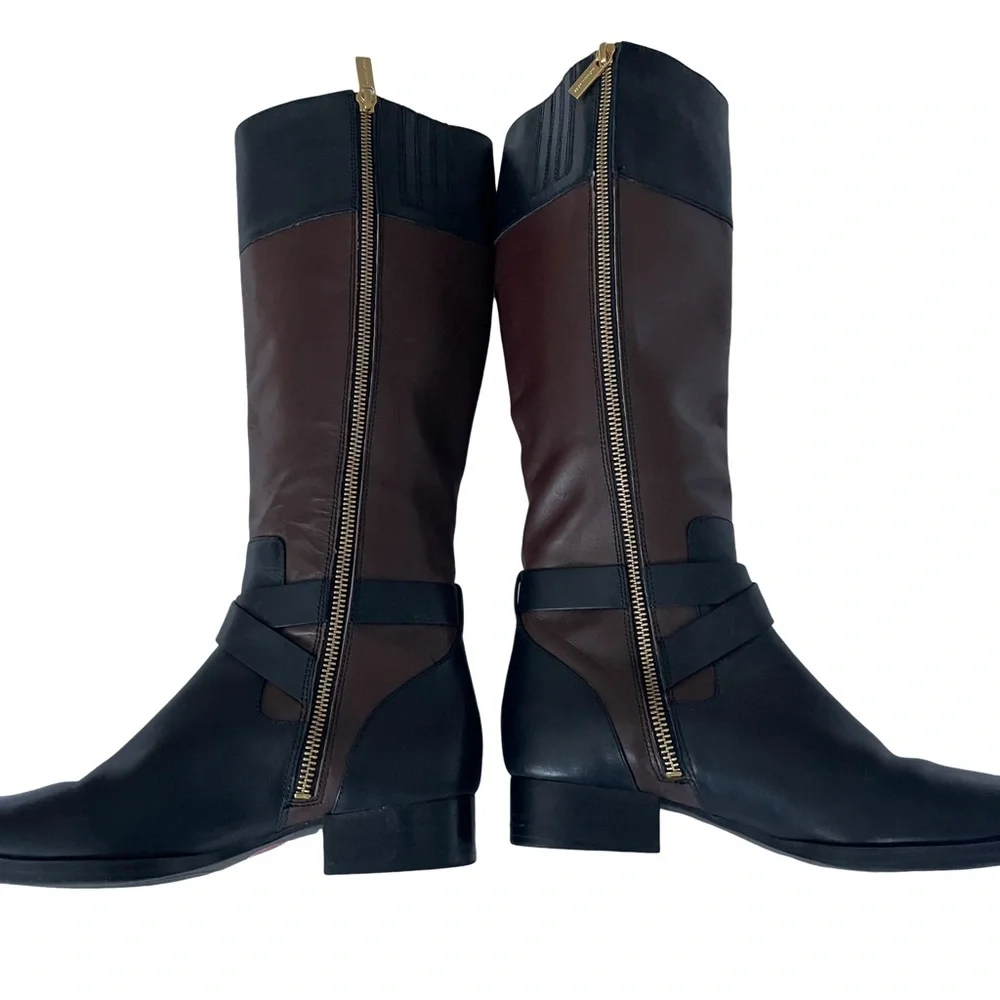 Michael Kors Black and Brown Leather Knee Boots with Gold hardware. Size 6